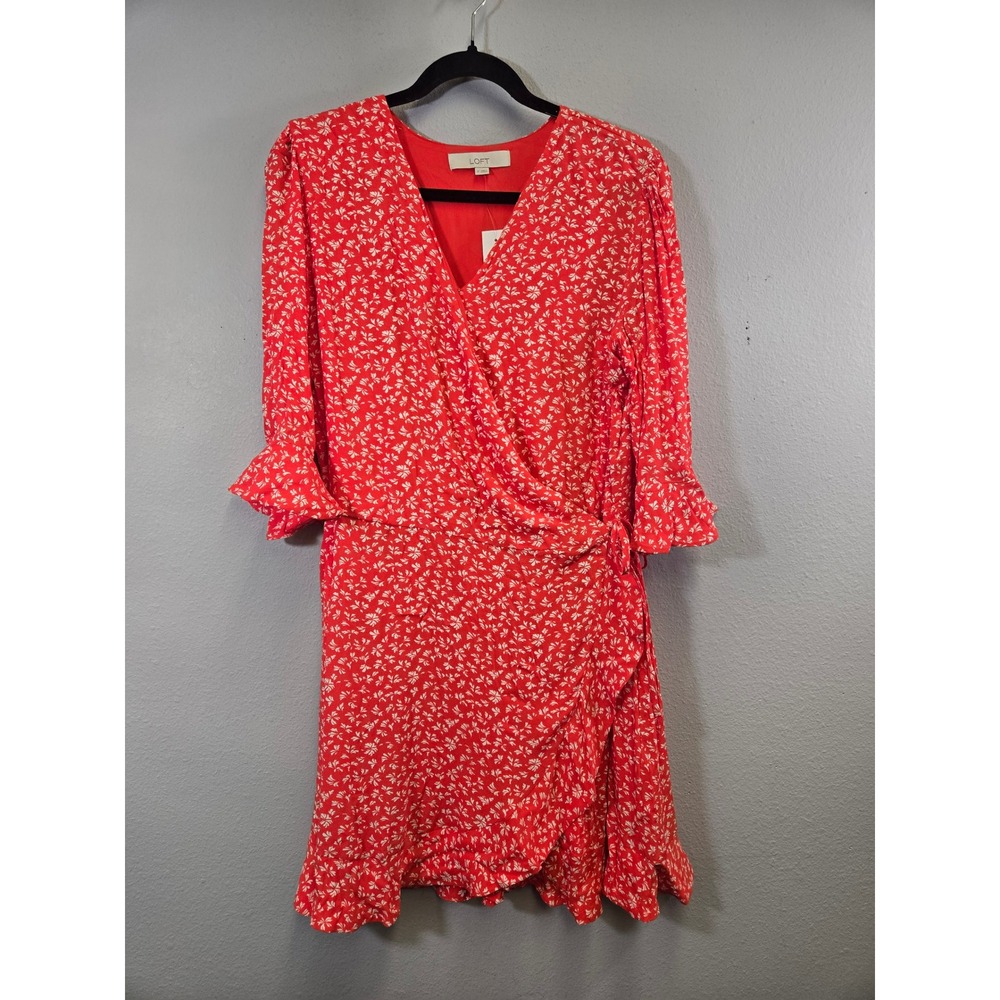 LOFT Red Floral Ruffle Faux Wrap V-Neck Mini Dress Medium